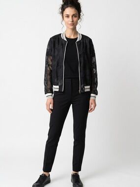 Suki + Solaine Lightweight Women's M Black Mesh Floral Bomber Jacket White Trim